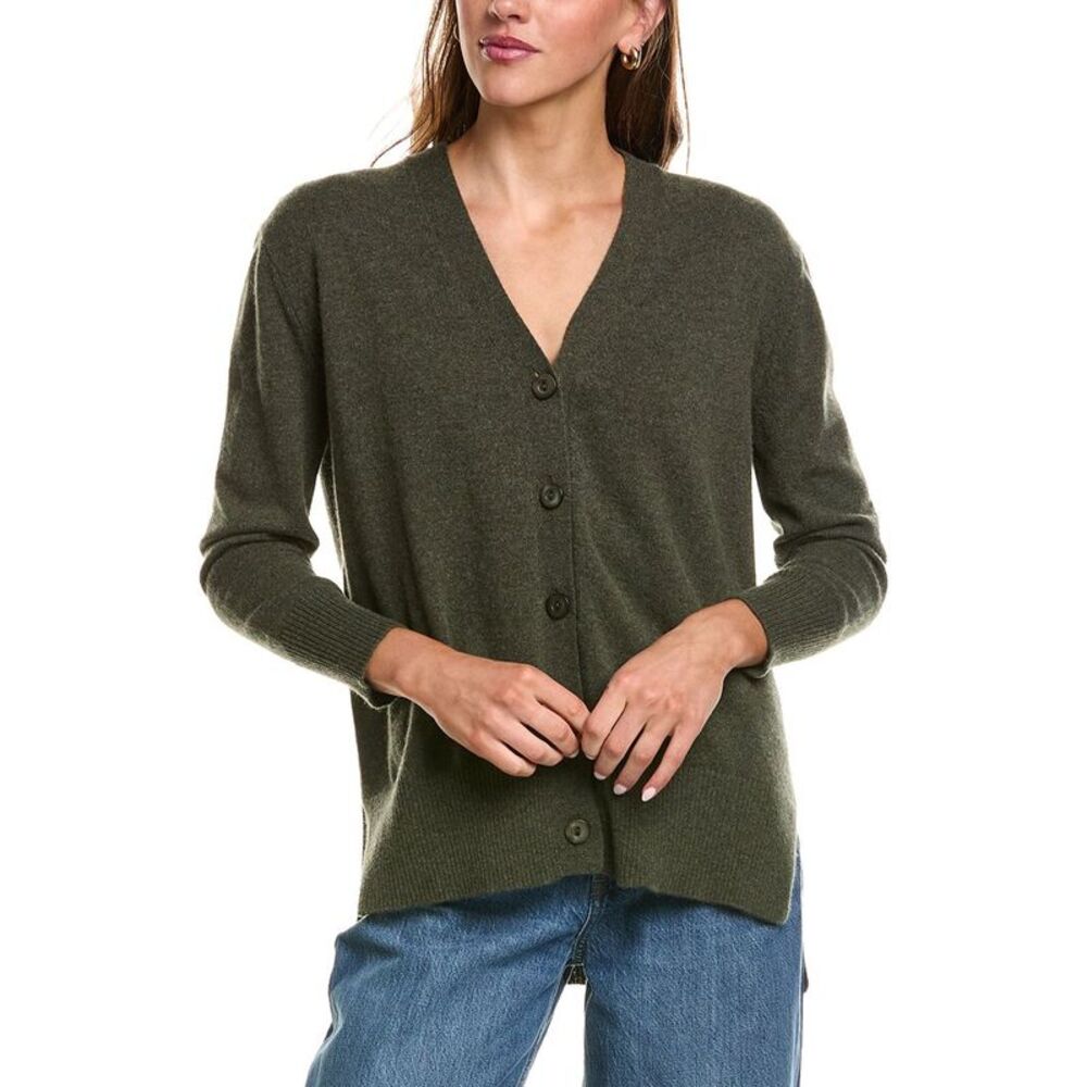 Forte Cashmere Womens Hi Low Easy Button 100% Cashmere Cardigan, Green